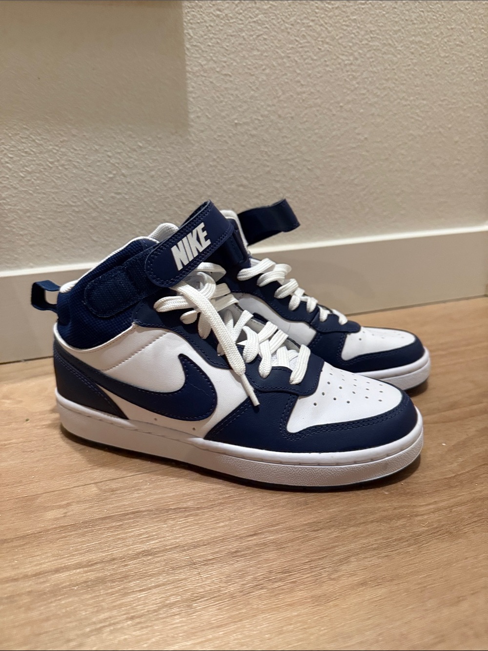 Nike Kids Navy and White Mid-Top Sneakers with Strap